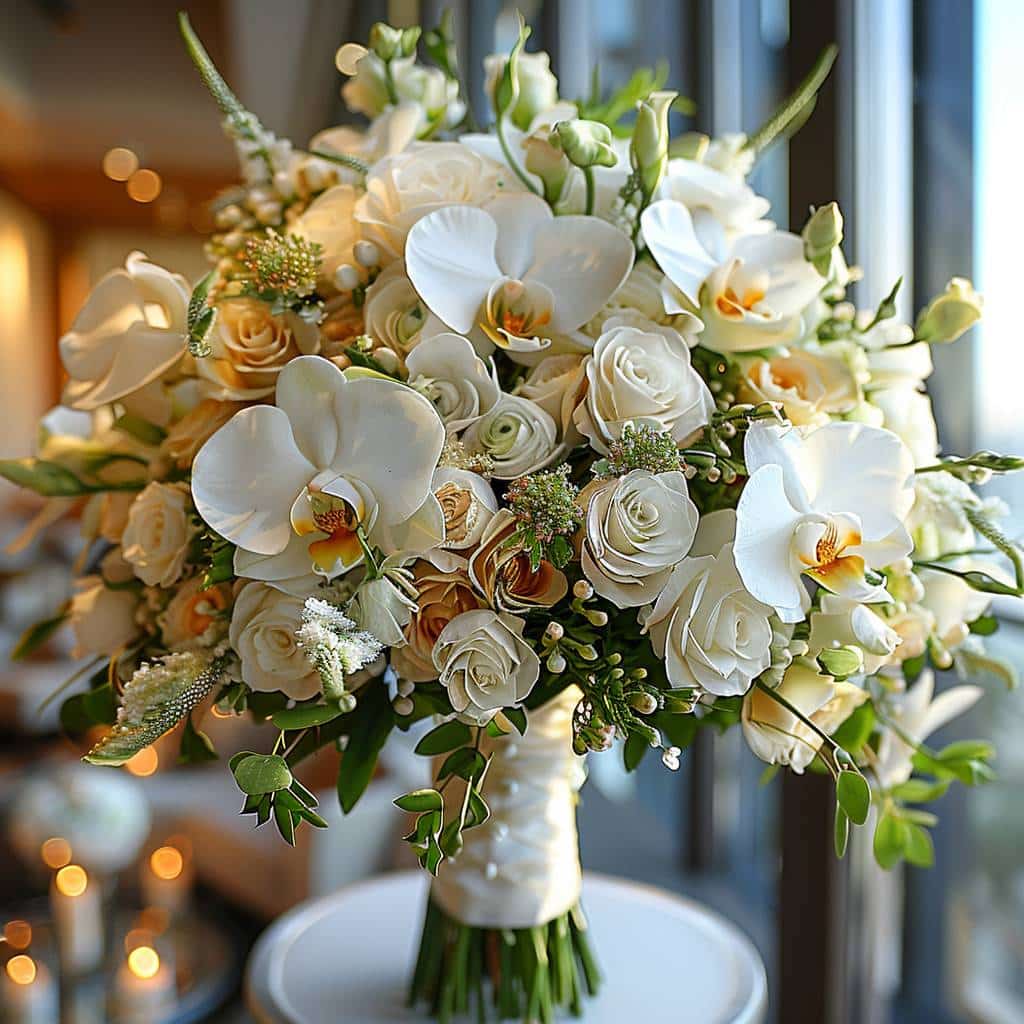 Le bouquet de la mariée et la boutonnière du marié